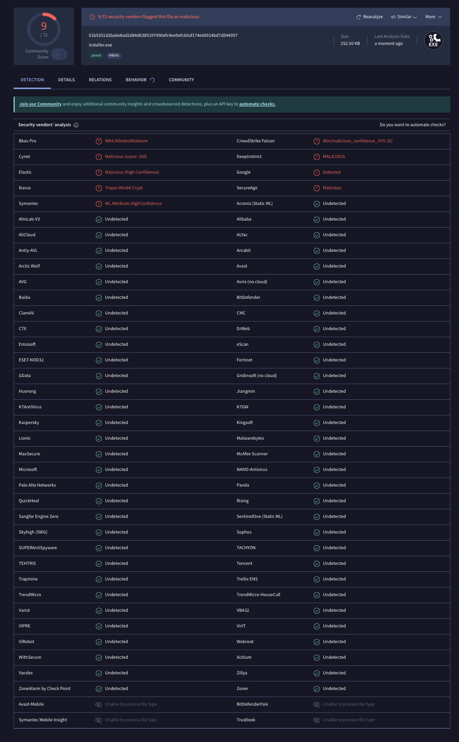 DITTOWARE VirusTotal Scan — 9/72 detection